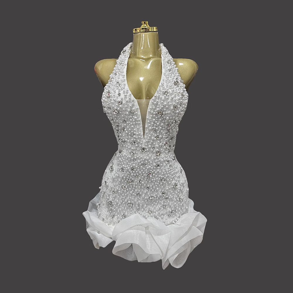 Rhinestone Beaded White Bud Sexy Halter Dresses