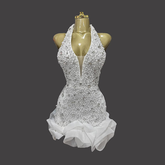 Rhinestone Beaded White Bud Sexy Halter Dresses