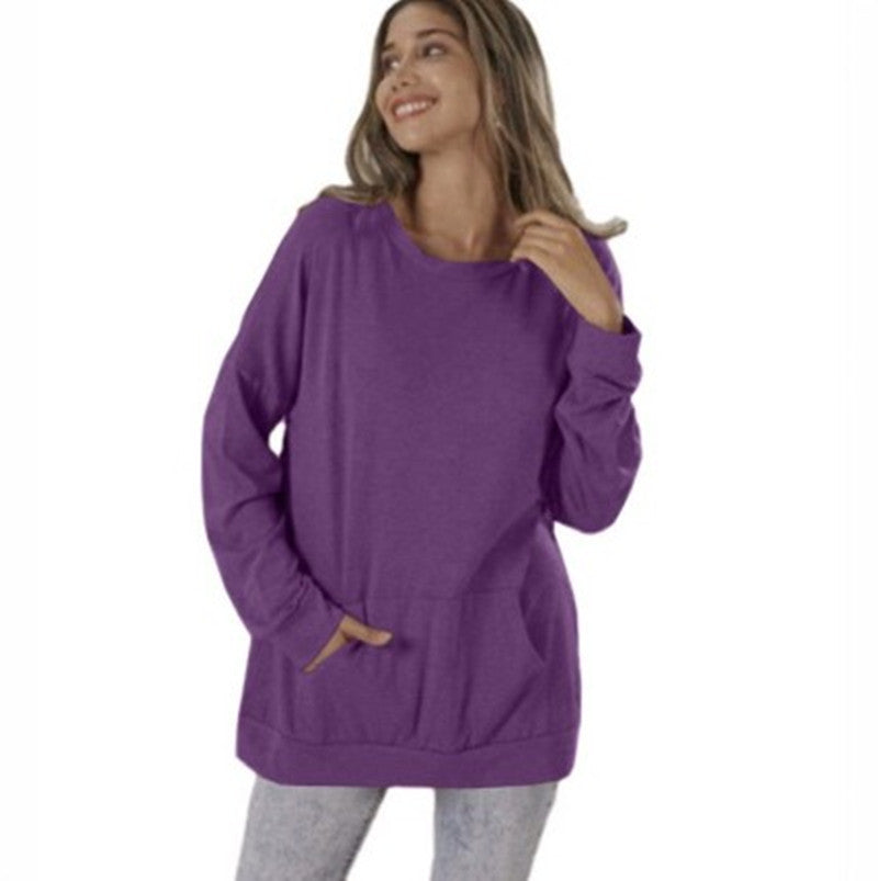 Women's Round Neck Loose Pocket Long Sleeve Tops