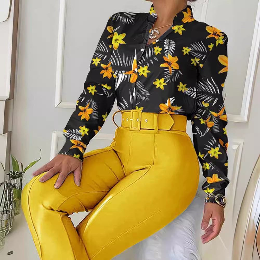Collar Long Sleeve Shirt Wide Leg Suits