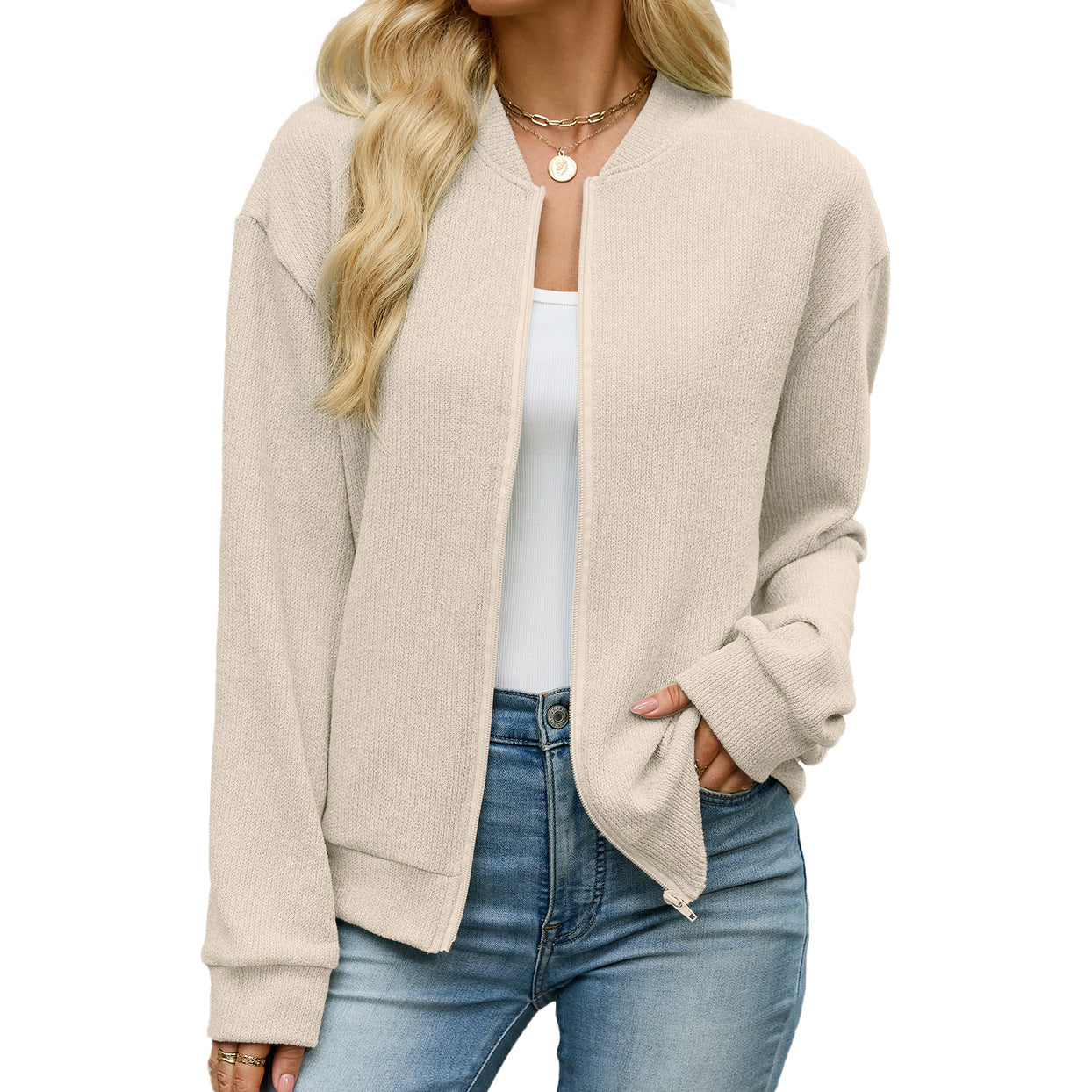 Women's Solid Color Loose Zip Long Sleeve Casual Women's Sweater, Sweater