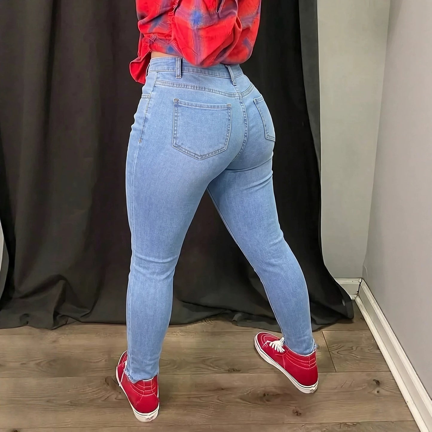 Women's Hip Red Plaid Patch Ripped Slim Fit Casual Fashion Stretch Women's Jeans