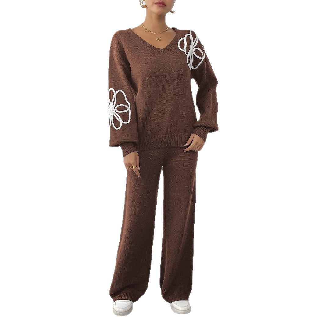 Women's Casual Flower Embroidered Ribbon Two-piece Set Sweaters