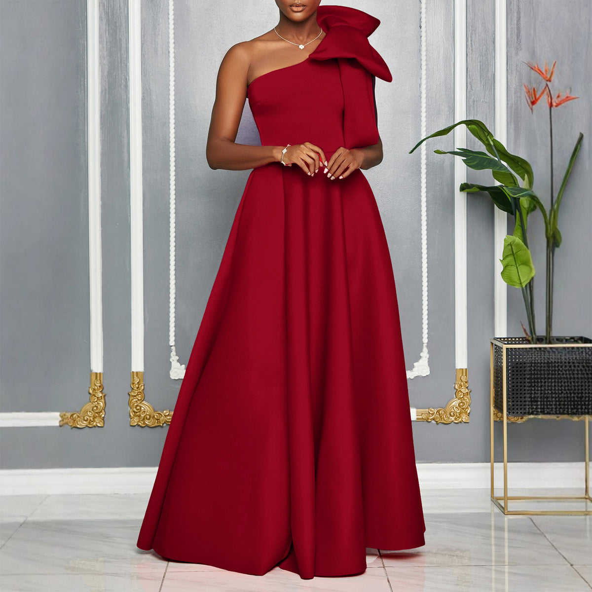 Women's Slant Shoulder Big Bow Sexy Formal Dress