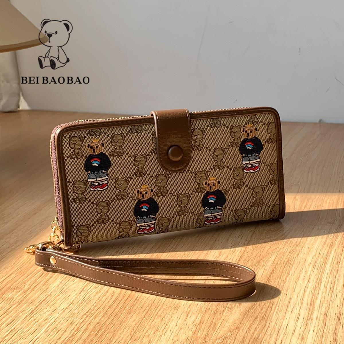 Women's Large Capacity Bear Embroidery Canvas Folding Ladies Wallets