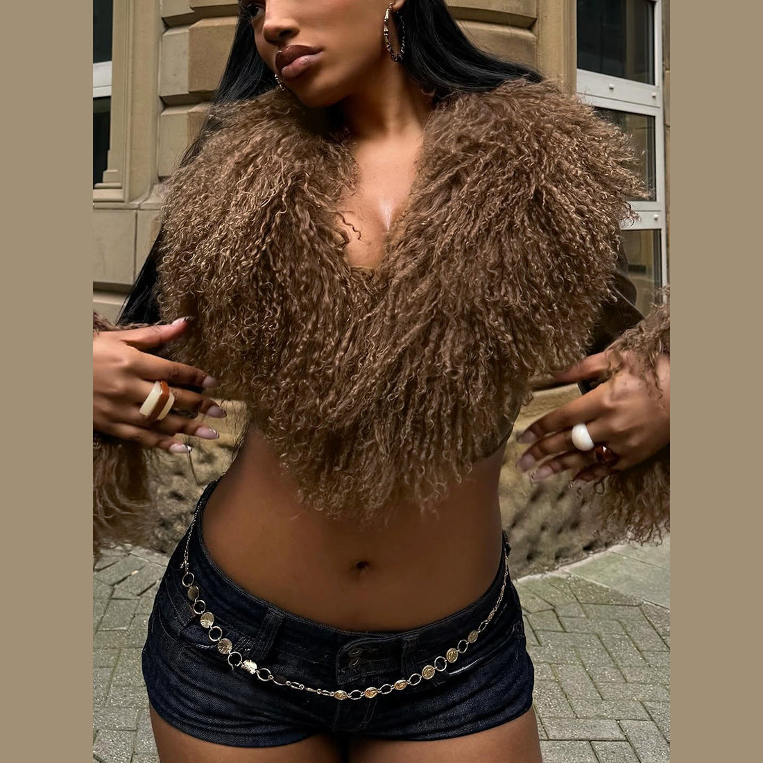 Women's Fur Collar Tassel Stitching Long Sleeve Shorts