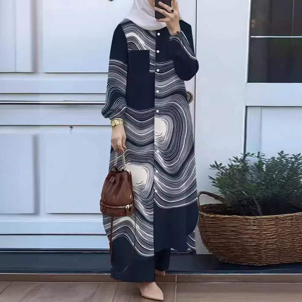 Women's Muslim Temperament Patchwork Long Sleeve Lapel Blouses