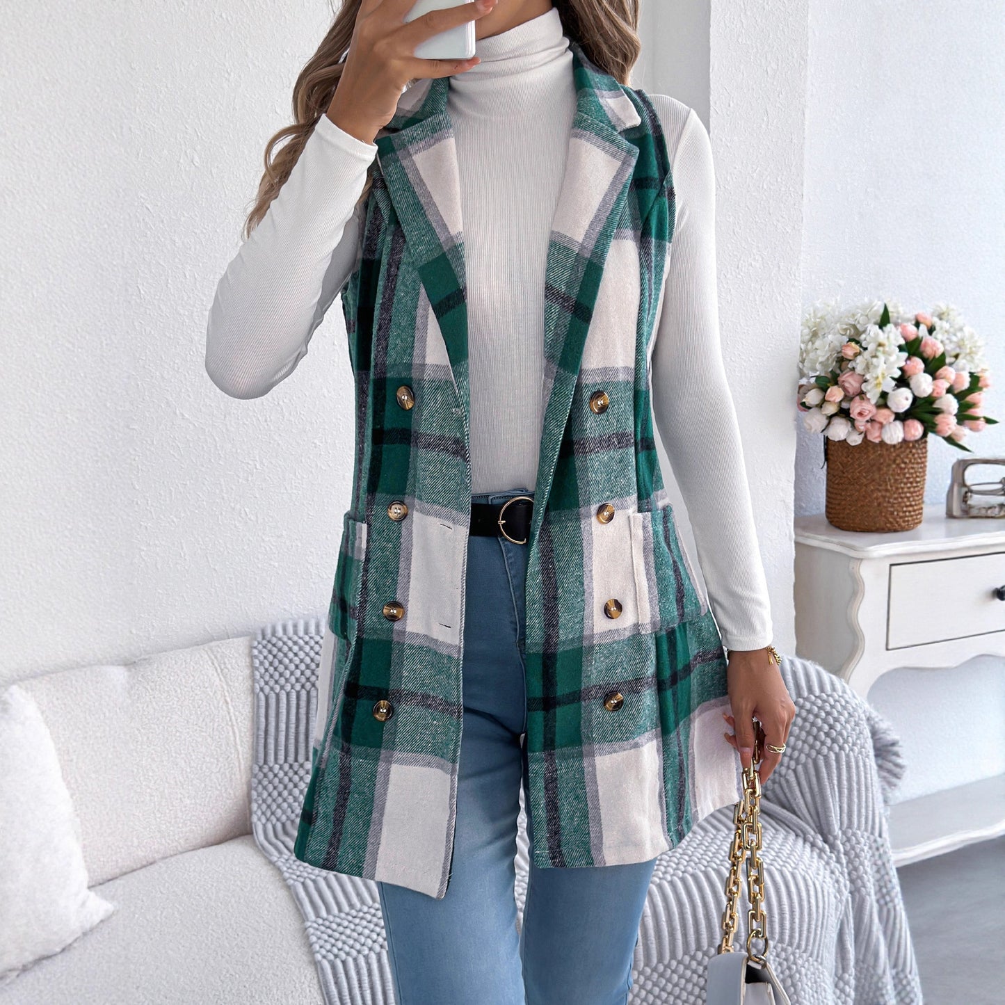 Women's Plaid Double Breasted Pocket Woolen Long Vests