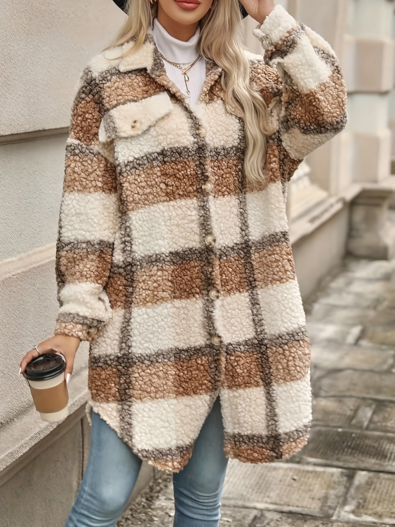 Women's Popular Thickened Lapel Checked Woolen Coats