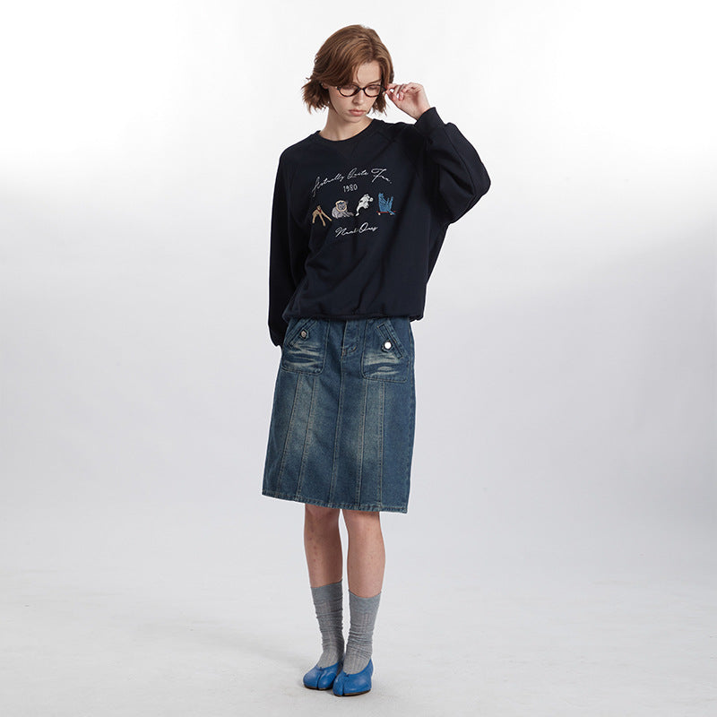 Women's Neck Loose Retro Embroidered Design Long Sweaters