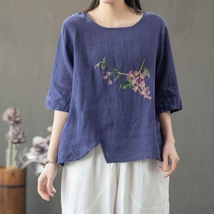 Women's Cotton Linen Summer Thin Embroidered Large Loose Artistic Retro Chinese Women's T-shirt