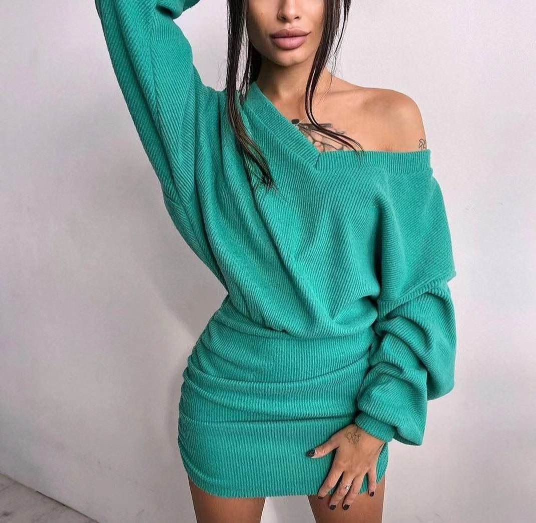 Knitted Commuter Loose Crimp Sunken Stripe Dress