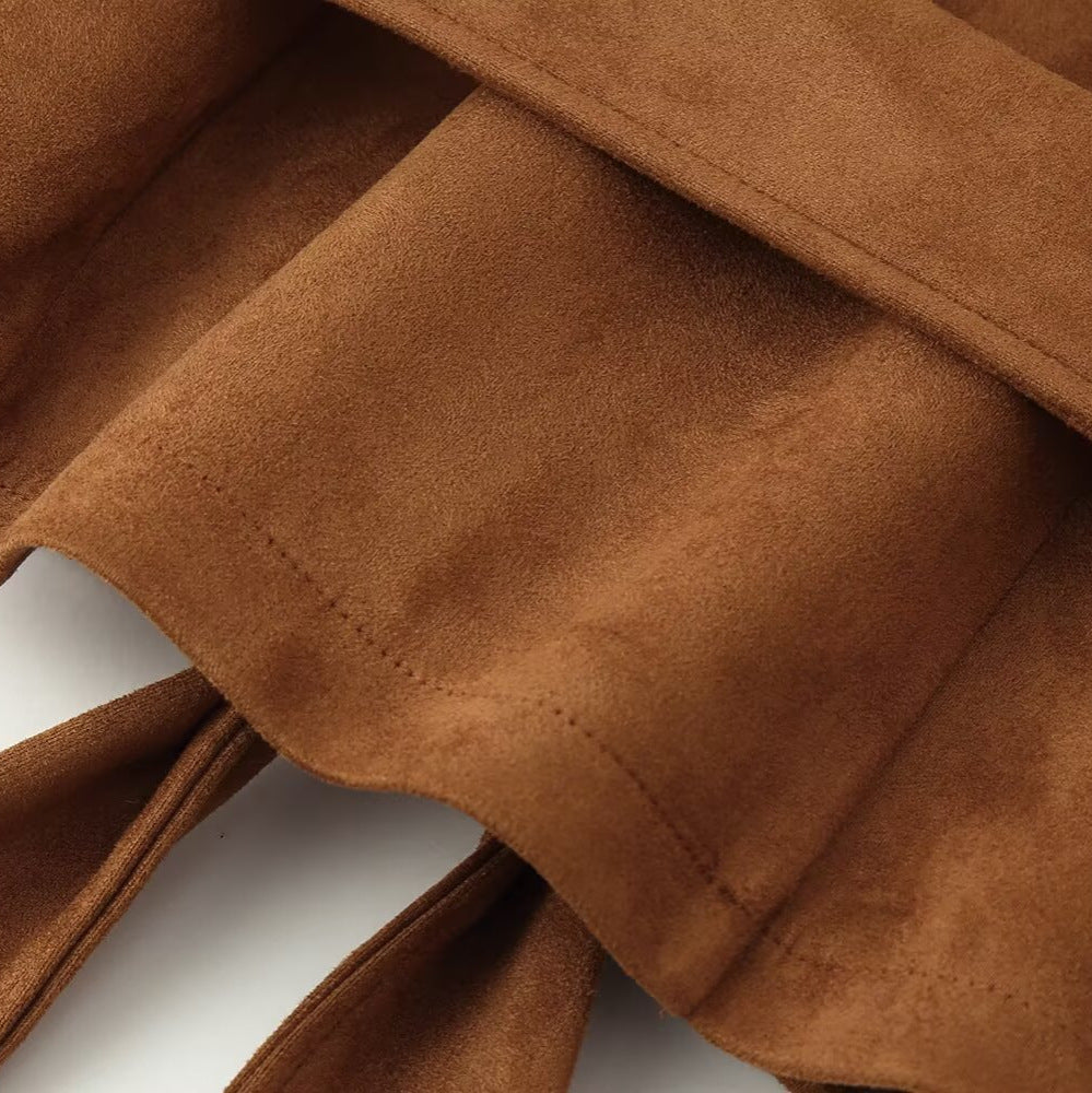 Women's Casual Deerskin Veet Belt Lapel Long Coats