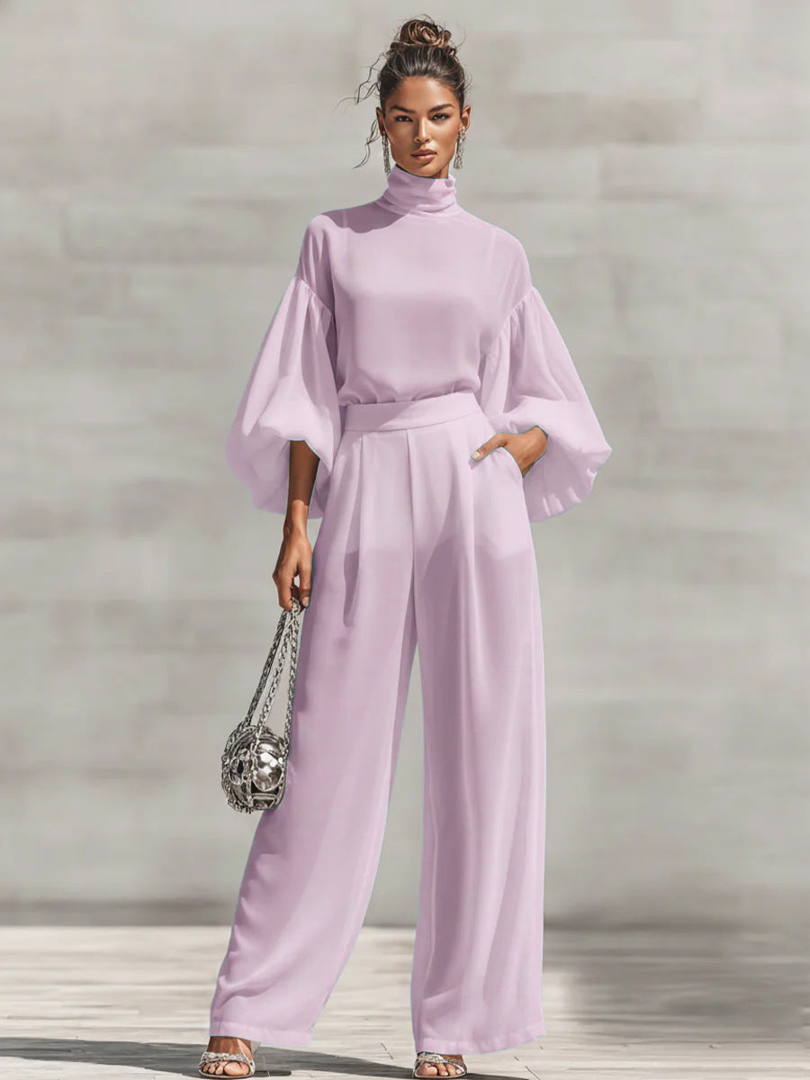 Color Stand Collar Bubble Long Sleeve High Waist Draping Wide Fashion Casual Suit