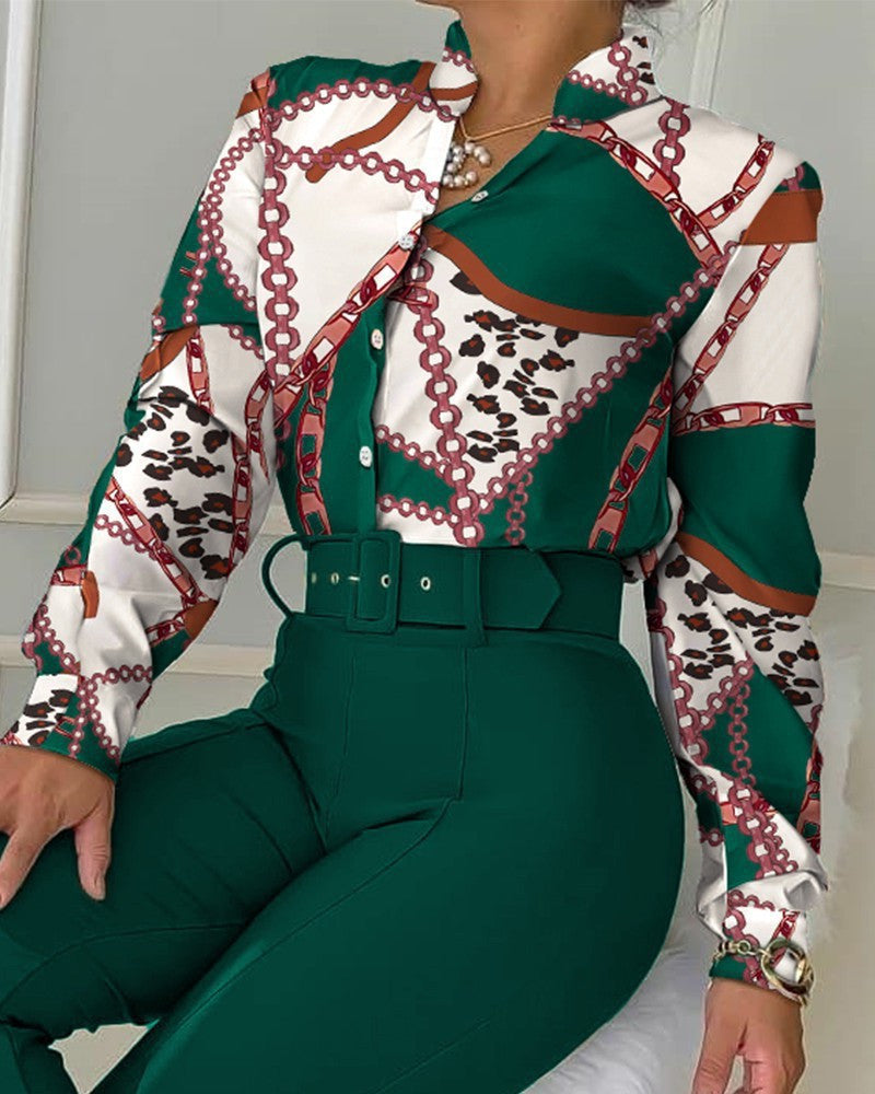 Collar Long Sleeve Shirt Wide Leg Suits