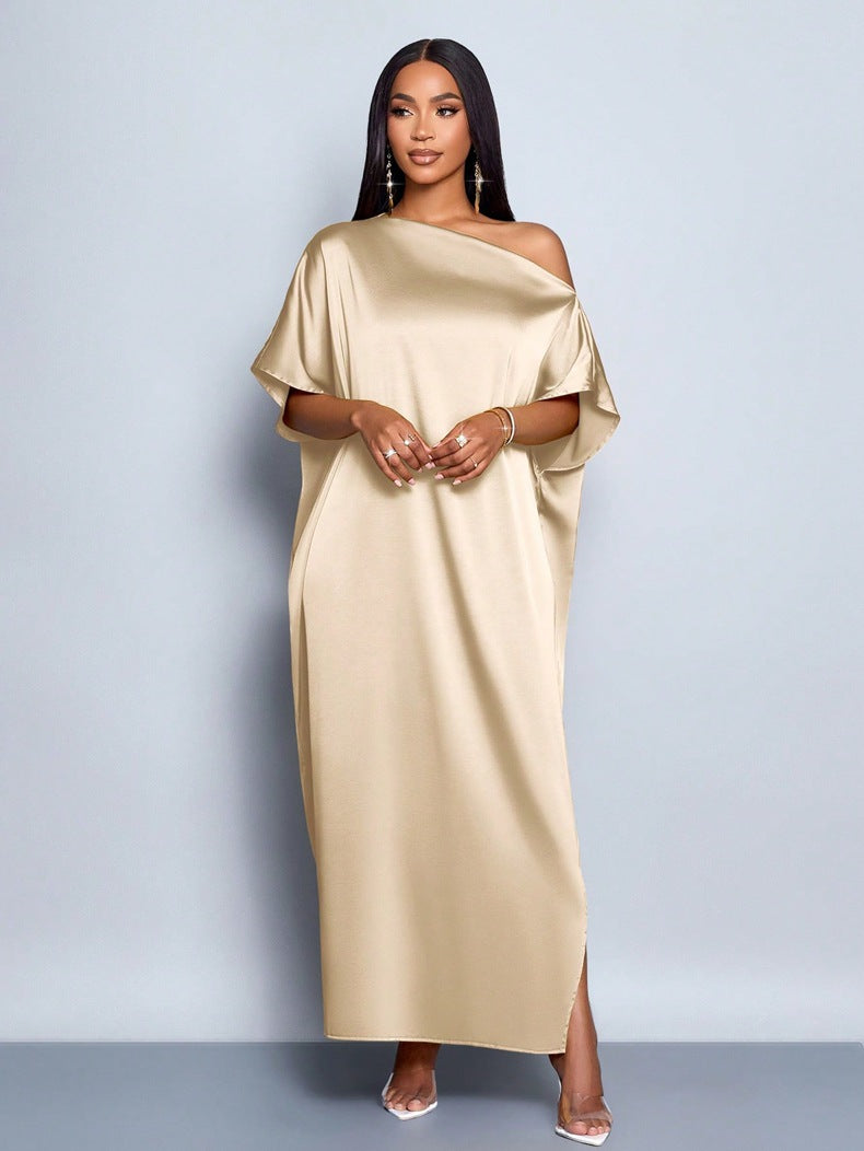 Women's Early Autumn Satin Dress Yellow Long Dresses