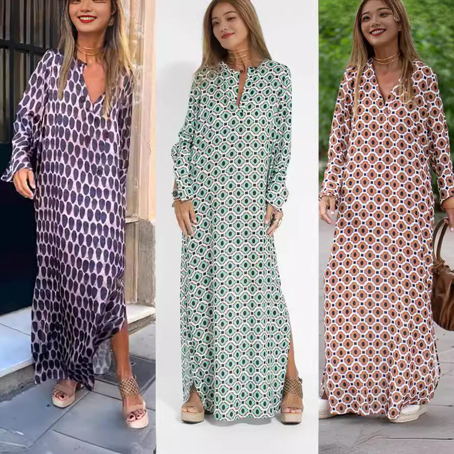 Temperament Polyester Large Swing Split Pullover Long Sleeve Slit Dress
