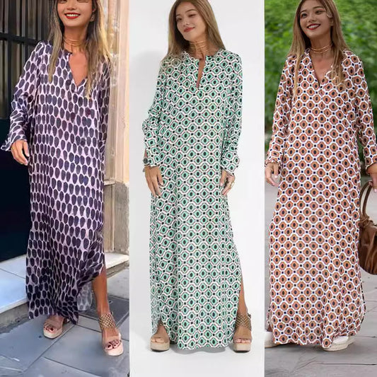 Temperament Polyester Large Swing Split Pullover Long Sleeve Slit Dress