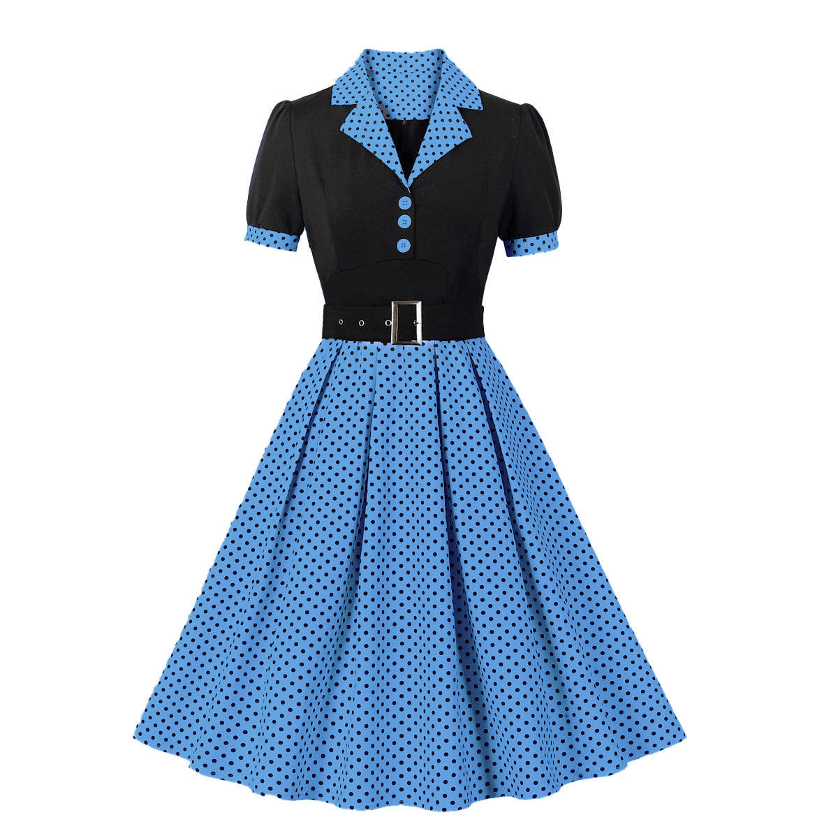 Women's Polka Dot Lapel Sleeve Belt Slim Dresses
