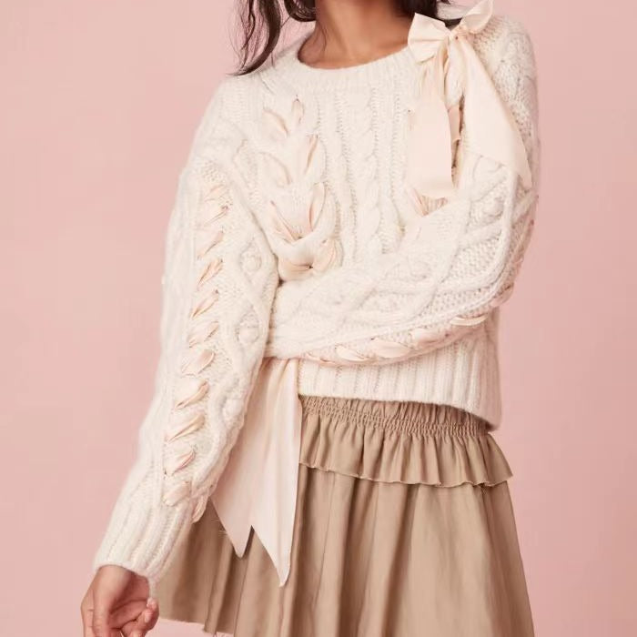 Women's Personalized Design Round Neck Bow Collar Ribbon Sweaters