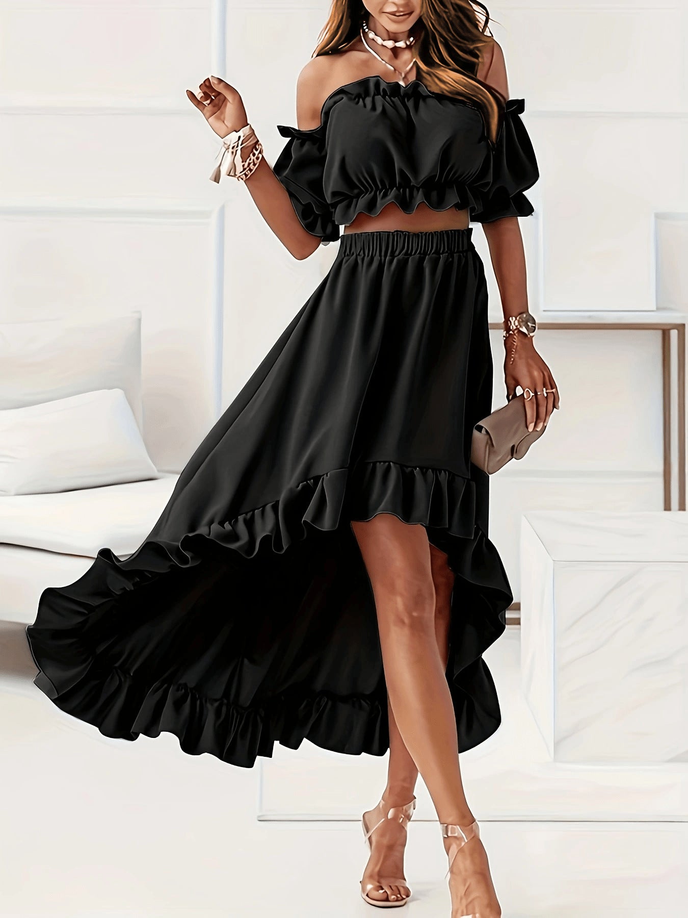 White Large Swing Solid Color Fashion Elegant High Waist Slim Dress