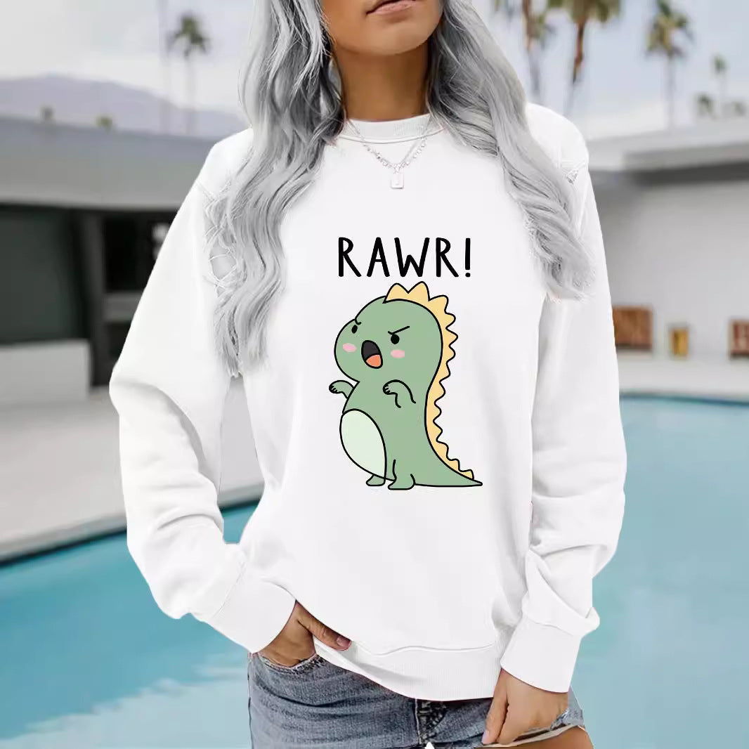 Women's Sleeve Round Neck Cartoon Dinosaur Print Sweaters