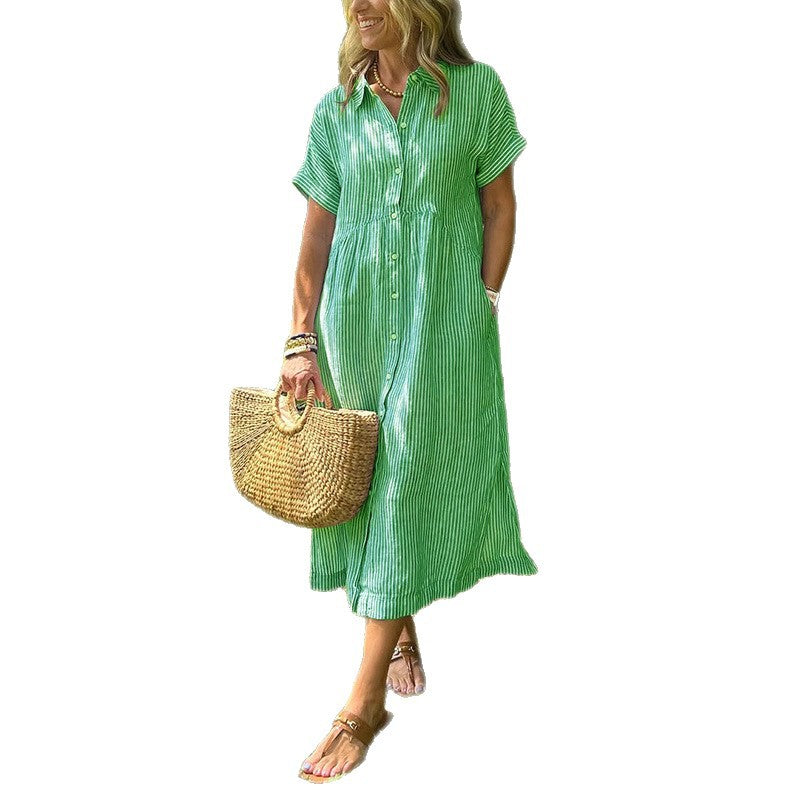 Women's Loose Striped Sleeve Shirt Summer Casual Cotton Shorts