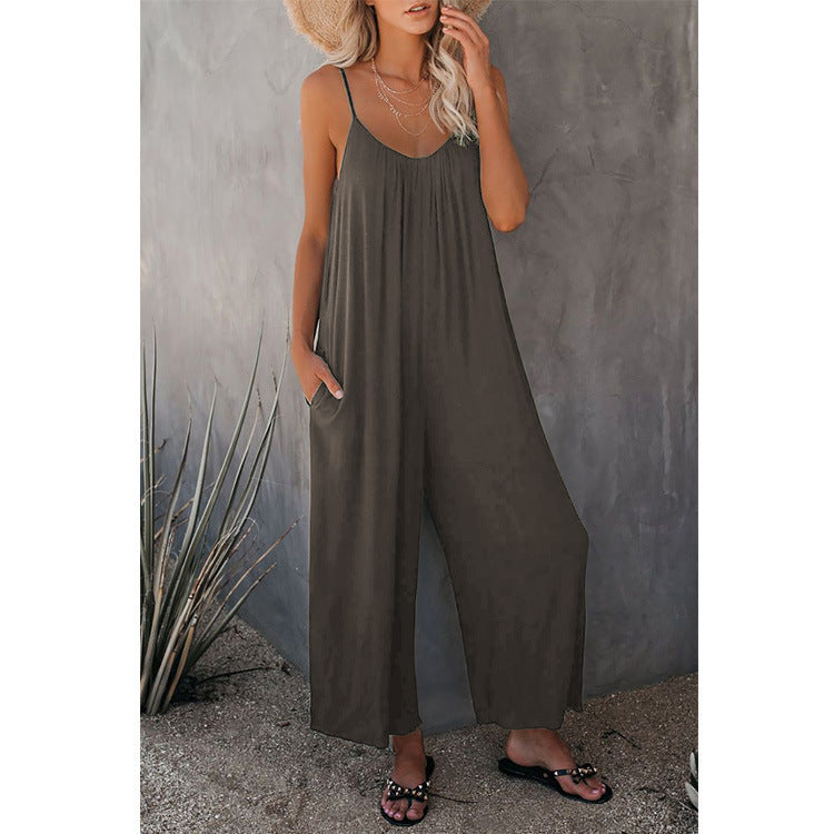Women's Sling Summer Solid Color Pocket Jumpsuits
