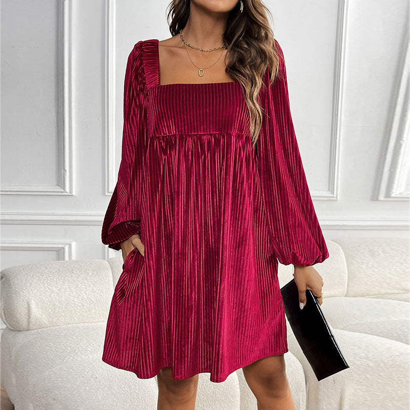 Party Texture Clothes Veet Square Collar Dresses