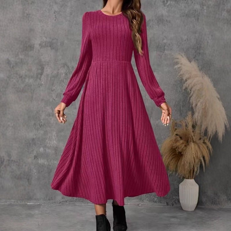 Women's Long Round Neck Solid Color Swing Knitted Dress