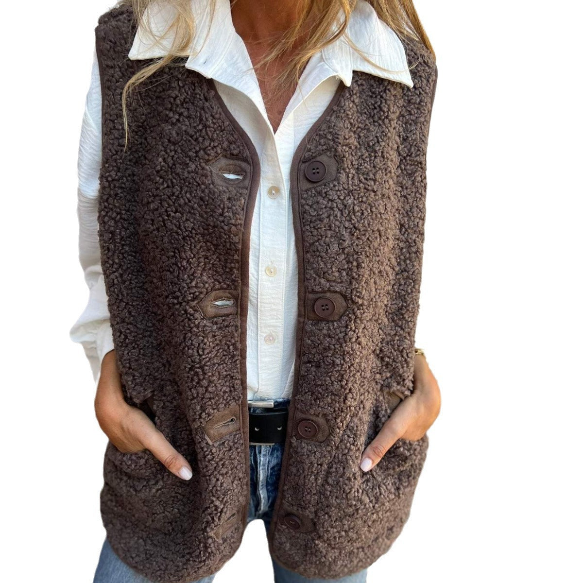 Elegant Innovative Slouchy Creative Fleece Button Women's Vest
