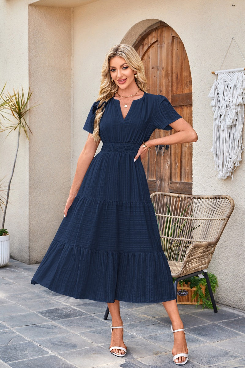Women's Collar Pleating Puff Sleeve Large Swing Dresses