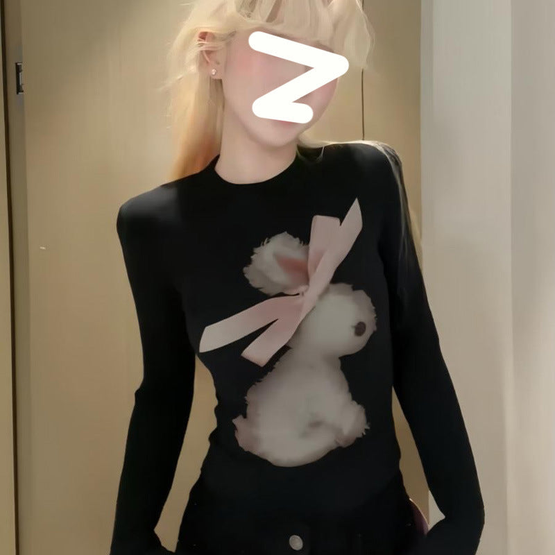 Bunny Personalized Printed Long Sleeve Slim Waist Stretch Beautiful Women's T-shirt