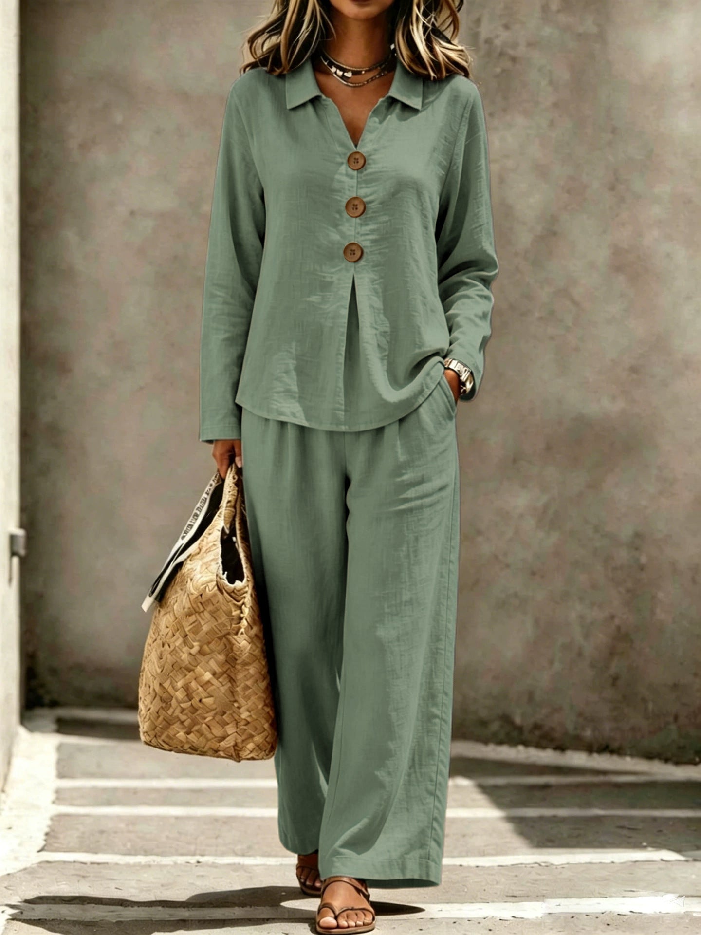 Lady Collar Decorated With Buttons Long-sleeved Trousers Suits