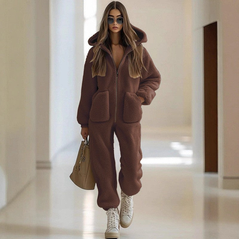 Women's Hooded Pocket Decoration Loose Straight Plush Jumpsuits