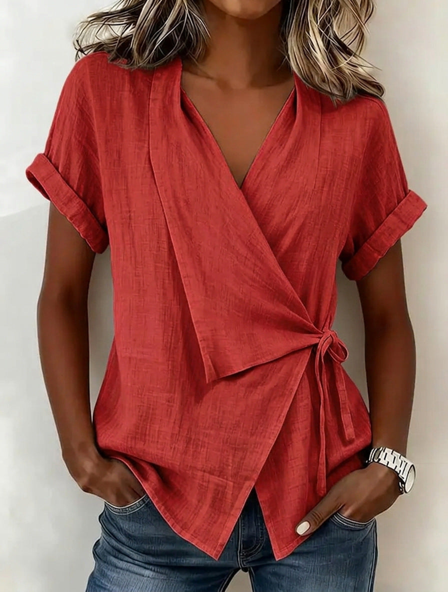 Summer Casual Solid Color Polo Collar Irregular Women's T-shirt