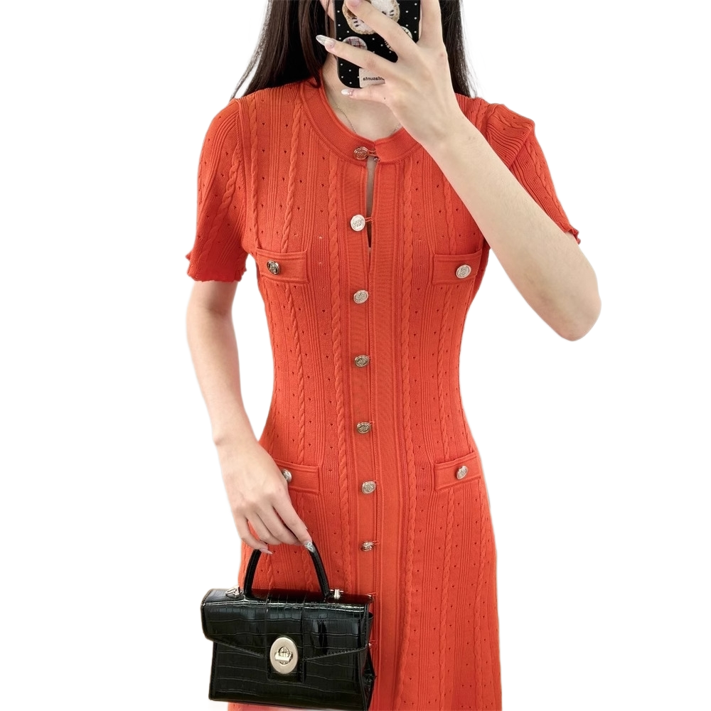 Button Jacquard Twist Slim Round Neck Dresses