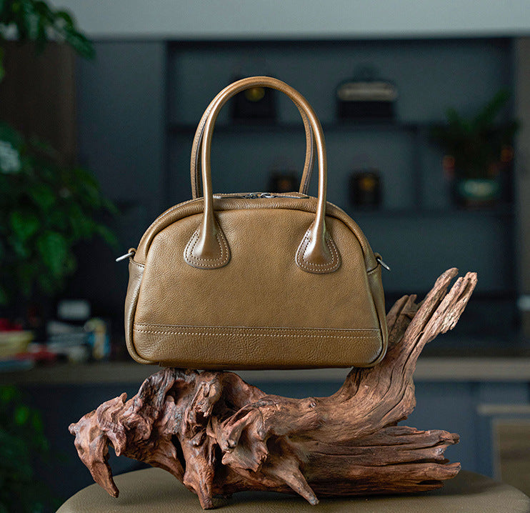 Women's Full Tree Cream Vegetable Tanning Leather Bowling Handbags