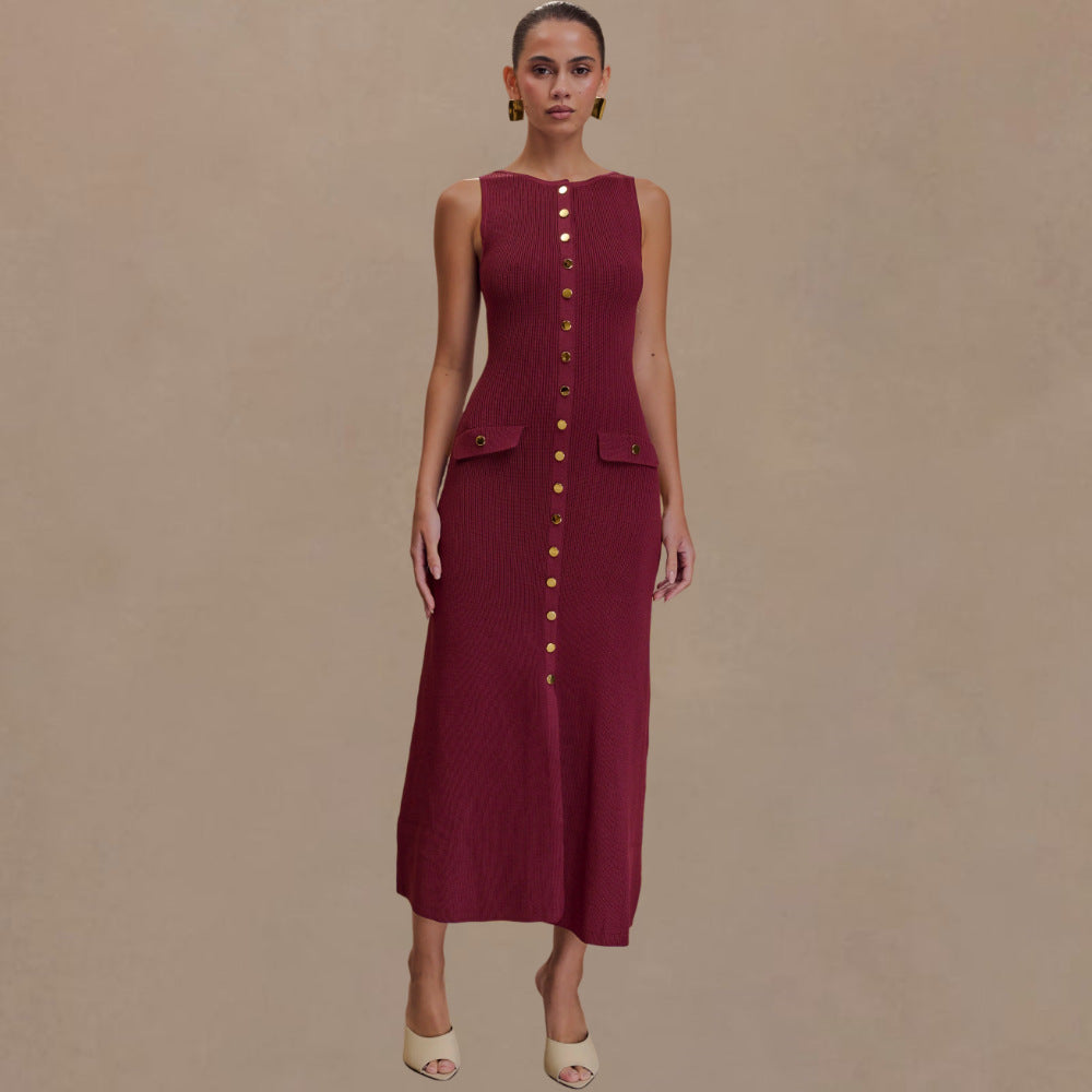 Slouchy Single-breasted Knitted Elegant Sleeveless Floor Dress