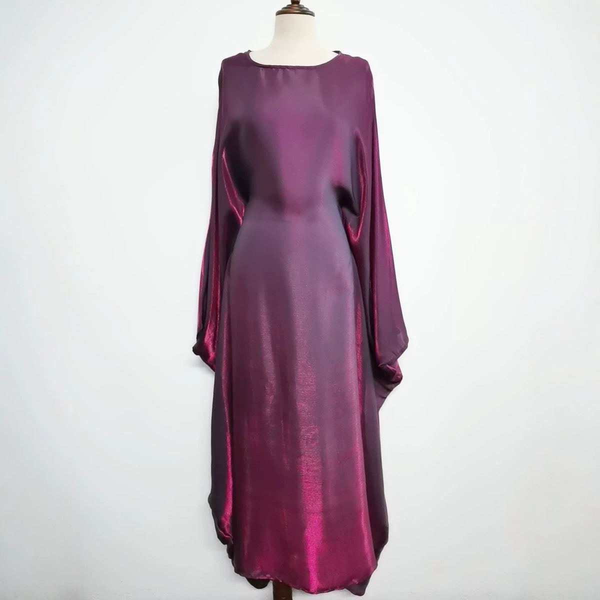 Solid Color Loose Simple Shiny Satin Robe Batwing Dress