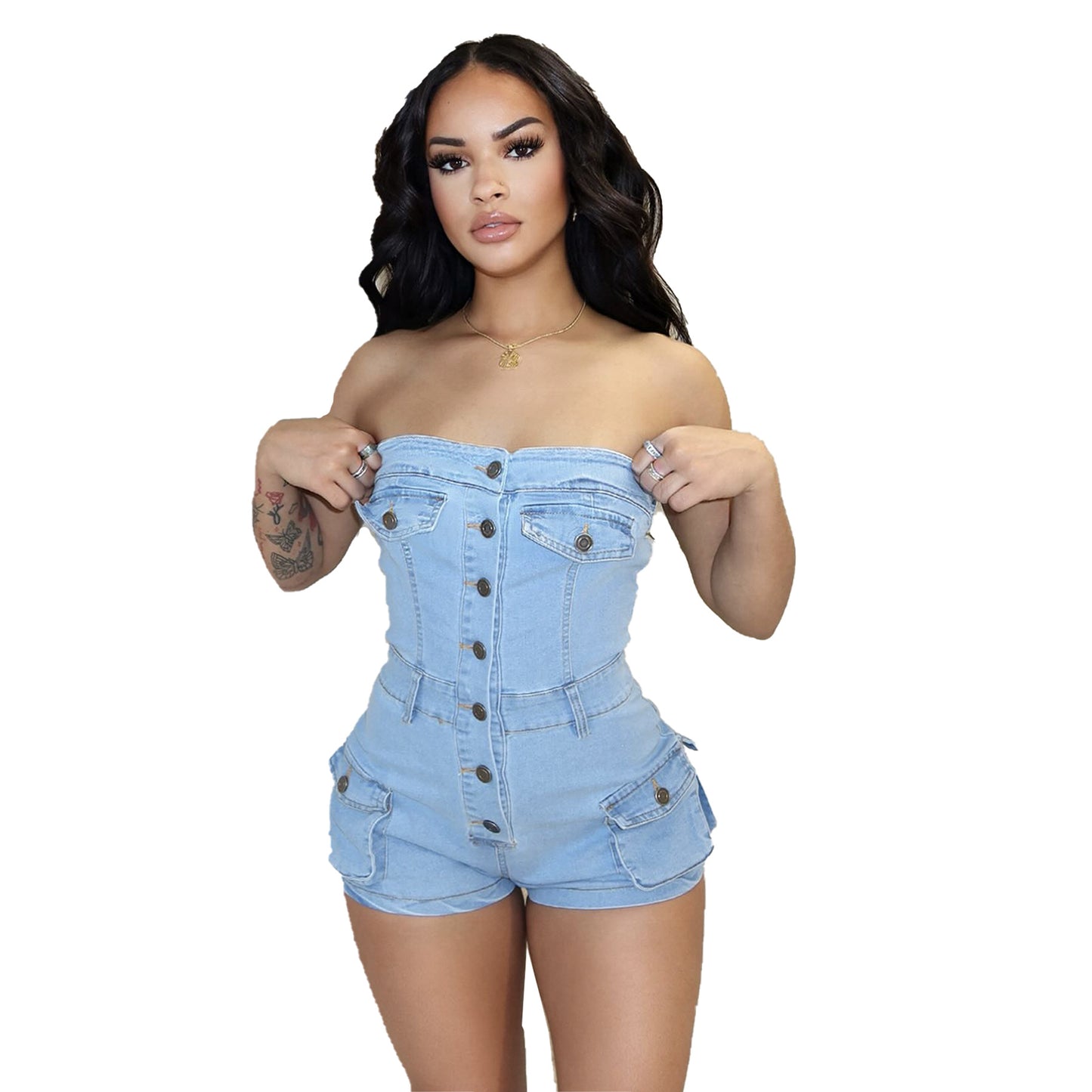 Casual Summer Denim Tube Stretch One-piece Jumpsuits