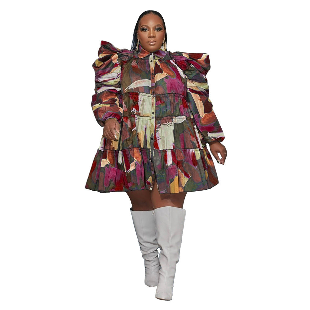 Women's Fashion Printed Ruffled Button Dress Shirt Dresses