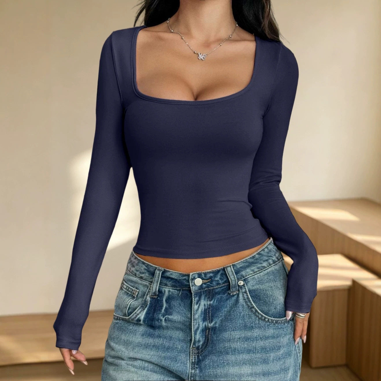 Women's Long-sleeved Autumn Slimming Hot Fashionable Wear Solid Color Women's T-shirt