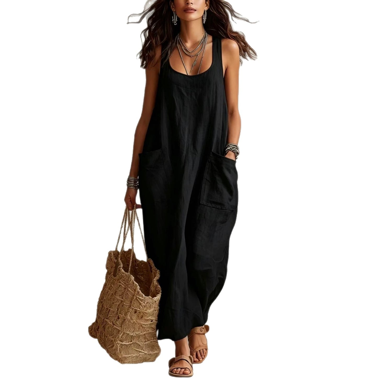 Summer Cotton Linen Temperament Leisure Pocket Dress