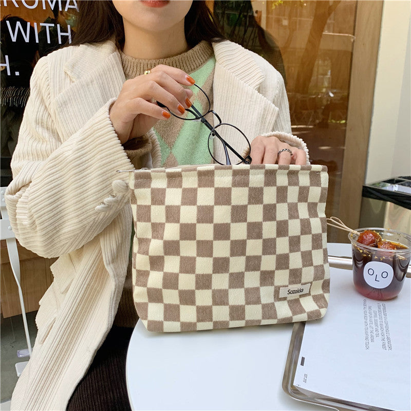 Women's Portable Corduroy Chessboard Grid Clutch Toiletries Bags
