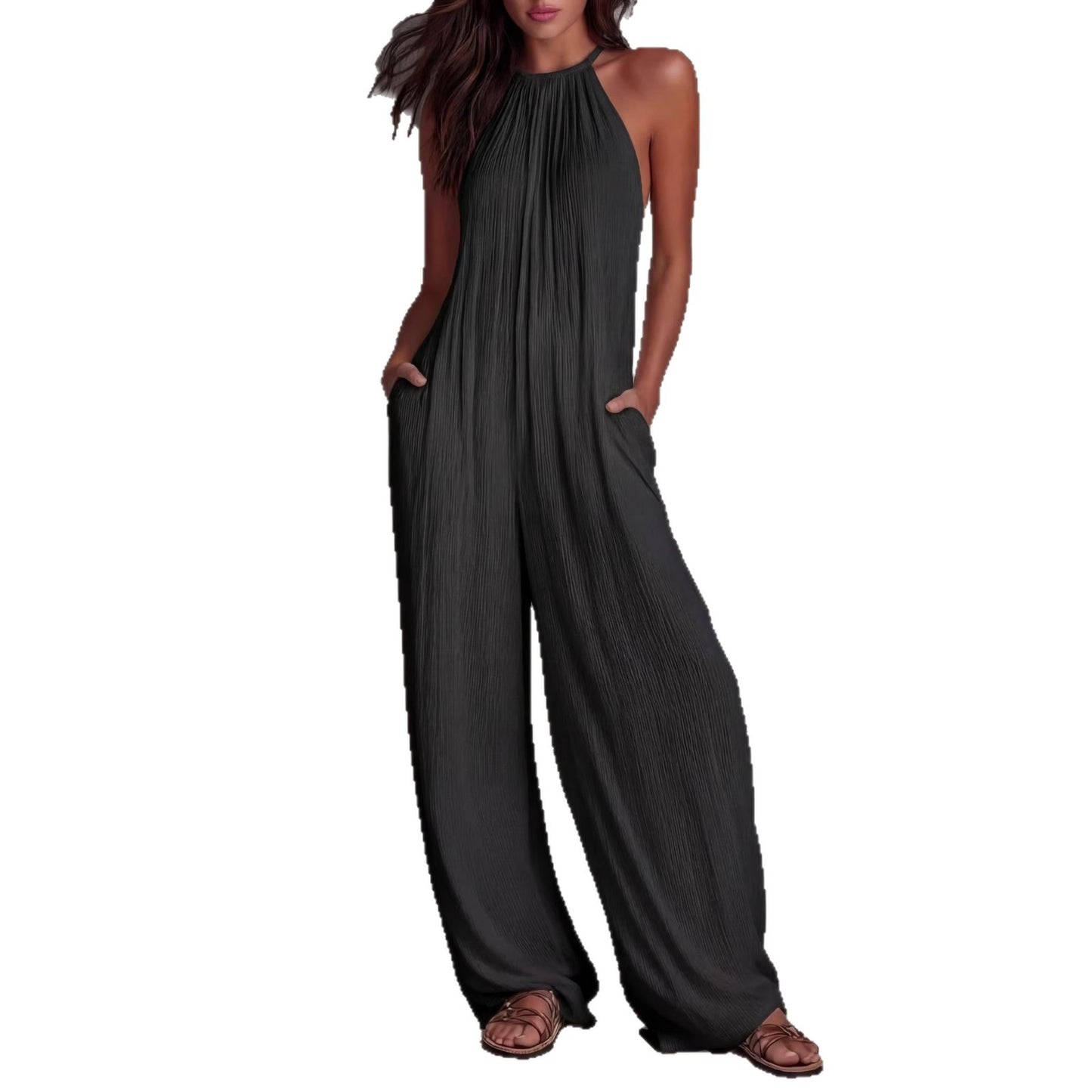 Women's Halter Sleeveless Vacation Style White Pleated Women's Jumpsuit/clothing