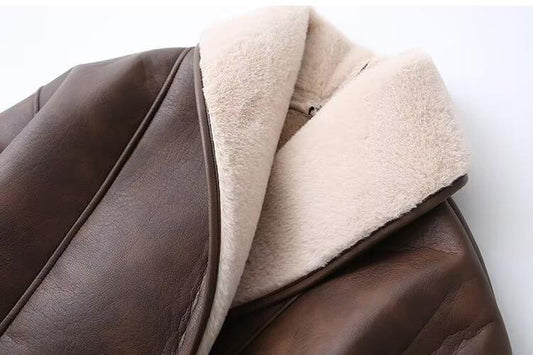 Women's Spring Two-tone Waistband Fur Leather Overcoat Clothing