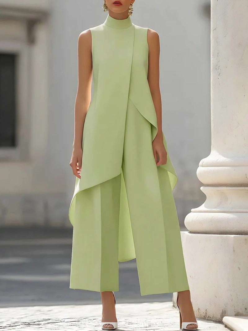 Commuter Slimming Irregular Design Turtleneck Sleeveless Laminated Pants