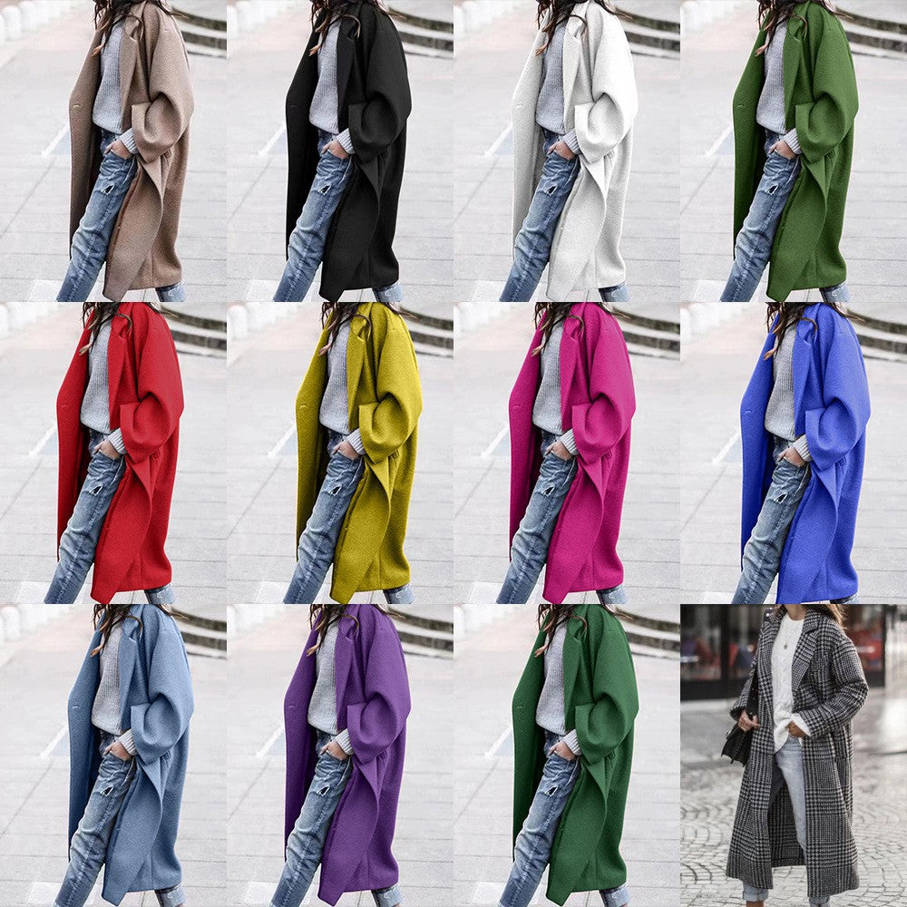 Women's Long Woolen Color Temperament Commute No Belt Lapel Coats