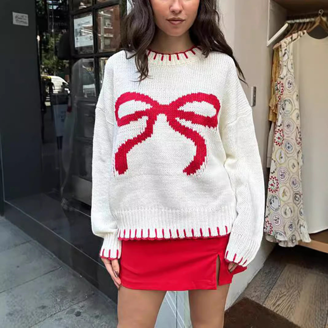 Women's Bow Brocade Idle Style Loose Warm Sweaters